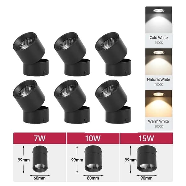 LED-alasvalo, taitettava muotoilu, COB-tekniikka, 6 kpl musta runko, 15W, luonnonvalo
