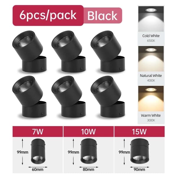 LED-alasvalo, taitettava muotoilu, COB-tekniikka, 6 kpl musta runko, 15W, luonnonvalo