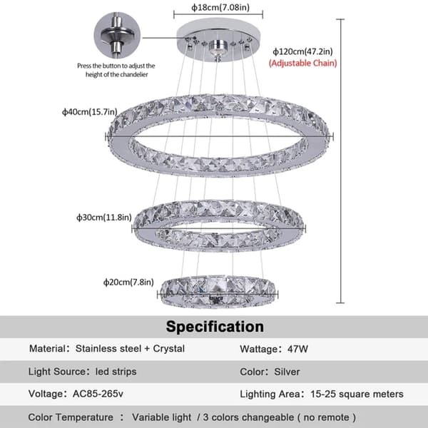 Krystal lysekrone, LED-belysning, Luksusindretning, 3M 20x30x40cm, Varm Hvid