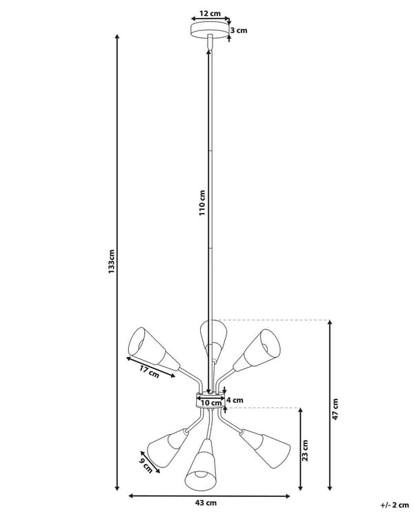 Hängande Lampa med 6 Lampor Guld och Vit Metallram Klockskärmar Lång Kabel Industriell