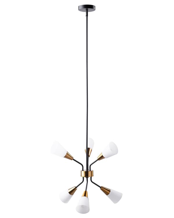 Hängande Lampa med 6 Lampor Guld och Vit Metallram Klockskärmar Lång Kabel Industriell
