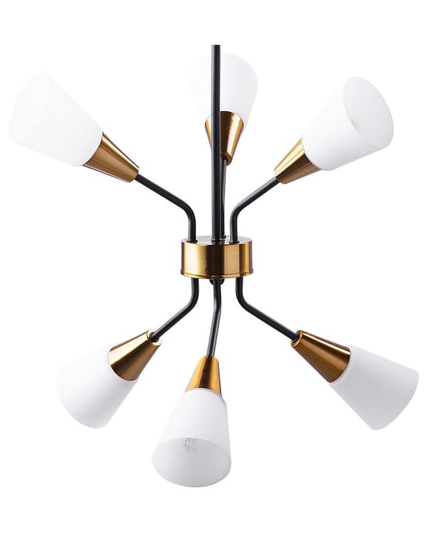 Hängande Lampa med 6 Lampor Guld och Vit Metallram Klockskärmar Lång Kabel Industriell