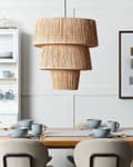 Miniatyrbild 4 av 9: Hängande Taklampa Naturlig halmskärm Svart järnbas Boho Belysning Pendellampa Vardagsrum Sovrum Hall