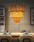 Miniatyrbild 2 av 9: Hängande Taklampa Naturlig halmskärm Svart järnbas Boho Belysning Pendellampa Vardagsrum Sovrum Hall