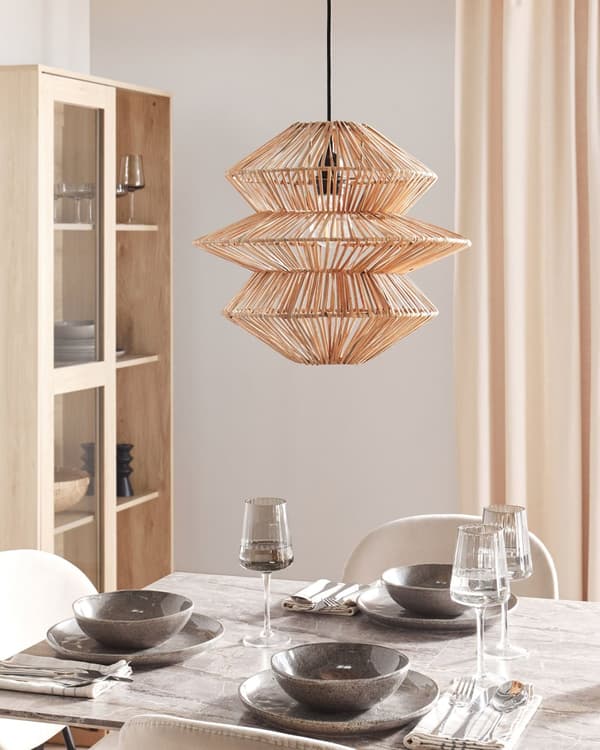 Hängande Lampa Naturlig Rottingskärm Svart Järnbas Boho Belysning Hängande Ljus Vardagsrum Sovrum Hall