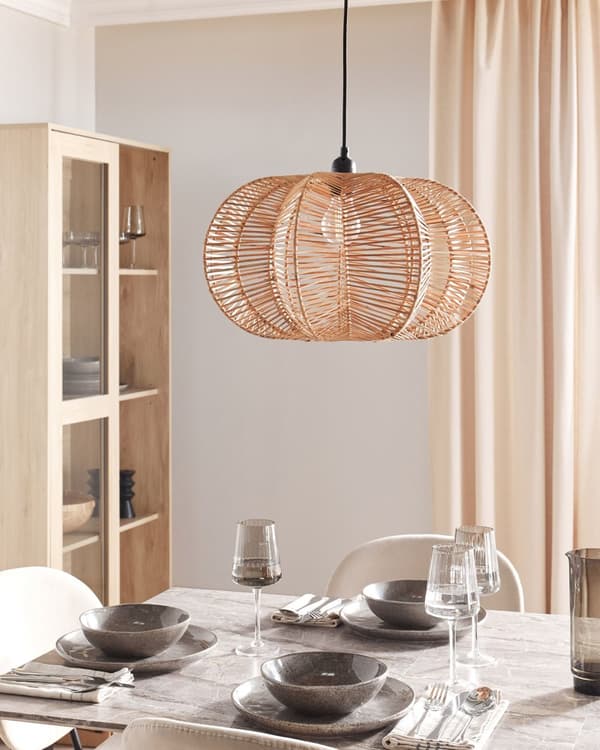 Hängande Lampa Naturlig Rottingskärm Svart Järnbas Boho Blixt Hängande Taklampa Belysning Vardagsrum Sovrum Hall