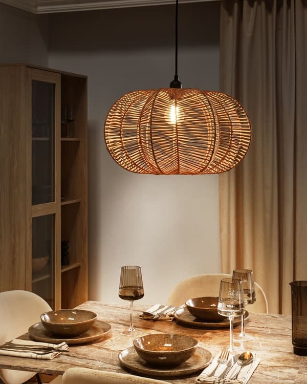 Hängande Lampa Naturlig Rottingskärm Svart Järnbas Boho Blixt Hängande Taklampa Belysning Vardagsrum Sovrum Hall
