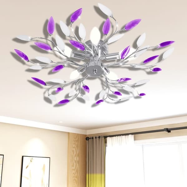 Lilla og hvid loftslampe m. krystalblade i akryl til 5 E14-pærer - Loftlamper