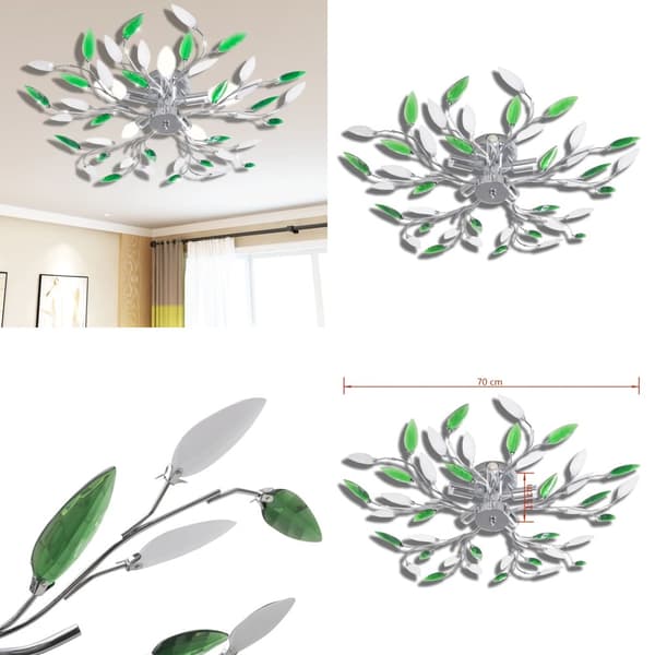 Grøn og Hvidt Loft Lampe med Akryl krystal Blad våben for 5 E14 Pærer - Lamper - Loftslampe - Home & Living