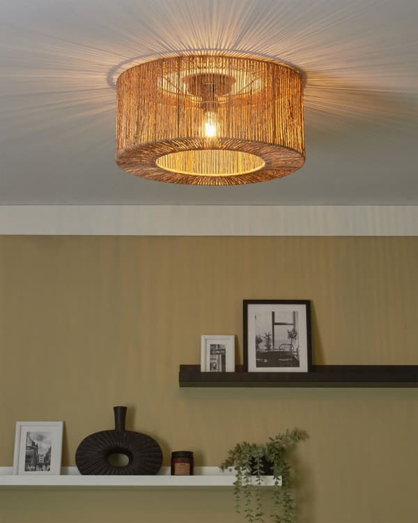 Taklampa Naturlig Juteskärm Svart Järnbas Boho Belysning Hängande Lampa Vardagsrum Sovrum Hall
