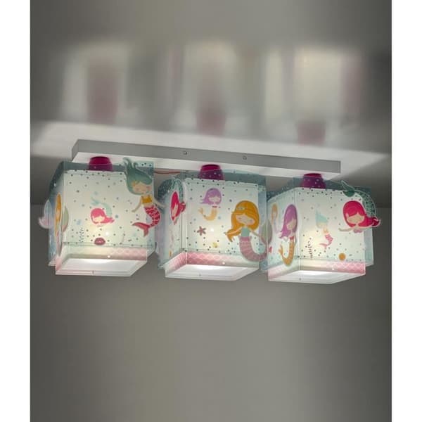 3-ljus taklampa - DALBER - Sjöjungfrur - Sjöjungfrumotiv - L 50 cm - H 19,5 cm - Grönt och rosa