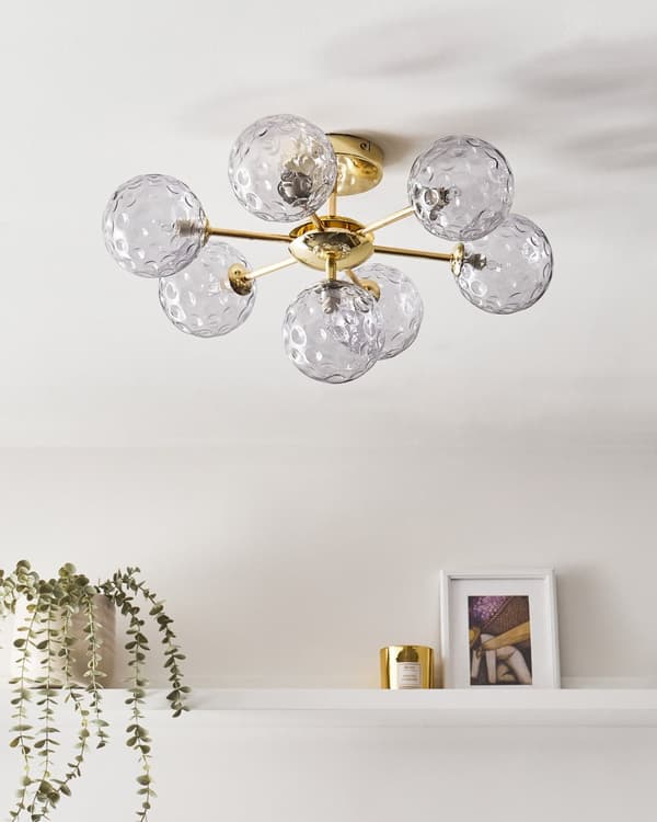 Taklampa 7 Ljus Blå och Guld Glas och Järn Metall Glamorös Modern Look Vardagsrumsbelysning