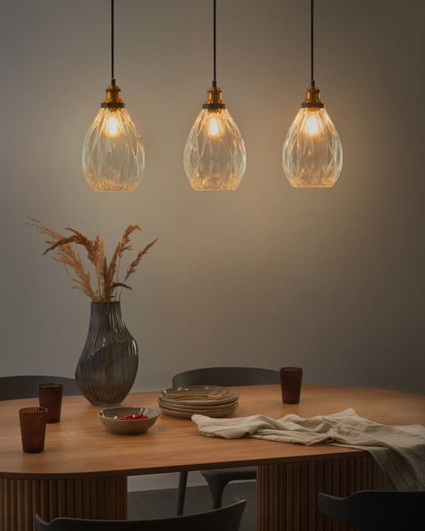 Pendellampa Transparent Glas- och Metallskärm 3 Ljus Belysning Hängande Taklampa Vardagsrum Sovrum