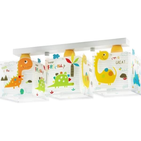 Dalber - Barntaklampa med 3 glödlampor - Dinos - Dinosauriemotiv, L 14 cm, H 19,5 cm, Vit, grön, gul, orange Multifärg