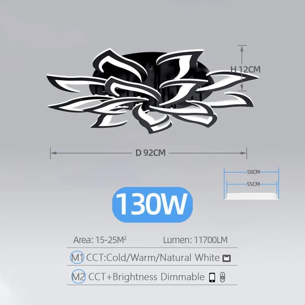 Smart akryl loftlampe, 40W til 170W effekt, dæmpbar for tilpasset lysstyrke,APP med RC Dæmpbar, Sort 14 Hoveder