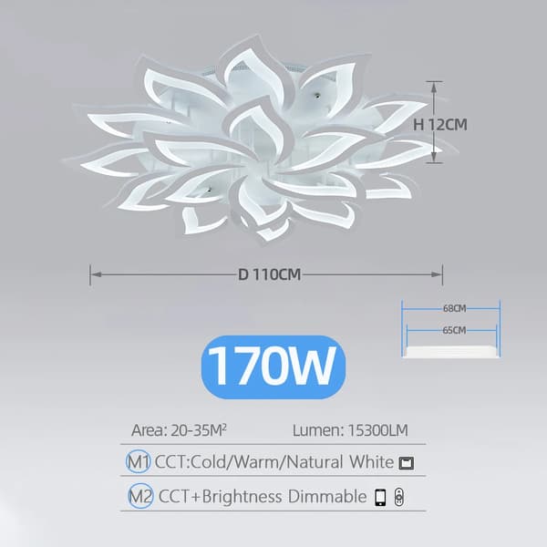 Smart akryl loftlampe, 40W til 170W effekt, dæmpbar for tilpasset lysstyrke,APP med RC Dæmpbar, Hvide 18 Hoveder