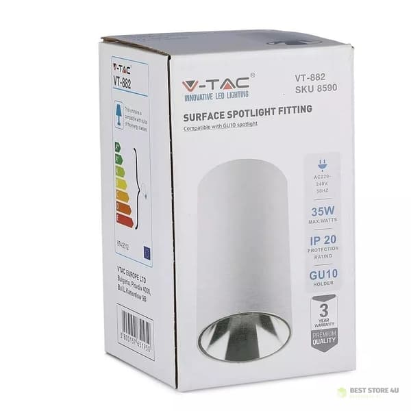 Takarmatur V-TAC GU10 Rund utanpåliggande rör Vit+Krom 80x140mm VT-882-R 3 års garanti