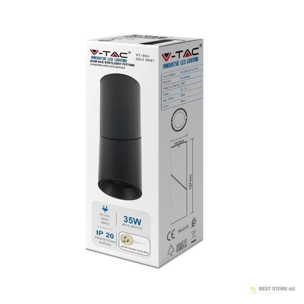 V-TAC Aluminium GU10 Rund Ytmonterad Lysrör Svart VT-804 3 Års Garanti