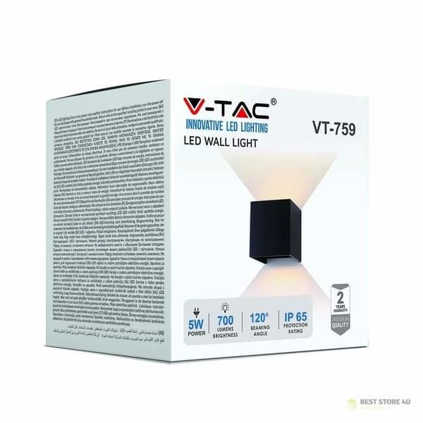 V-TAC 5W Vägglampa Uppåt-Nedjusterbar Svart Fyrkantig IP65 Bridgelux VT-759-B 3000K 700lm
