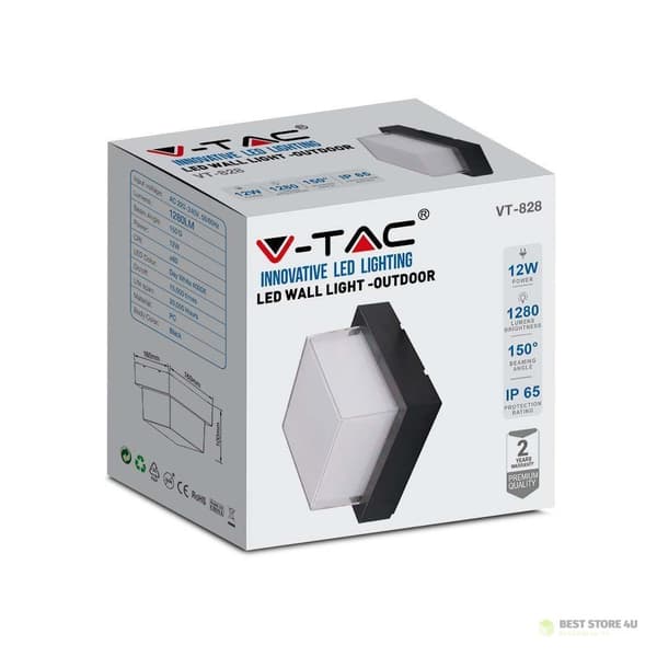 V-TAC 12W LED IP65 Sort Firkantet VT-828 3000K 1200lm Armatur