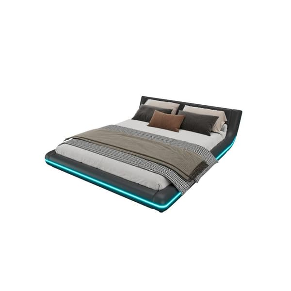 Säng plats 160*200cm, golvsäng, PU, LED-stämningsbelysning, fjärrkontroll 24 knappar, svart