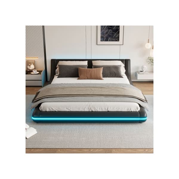 Säng plats 160*200cm, golvsäng, PU, LED-stämningsbelysning, fjärrkontroll 24 knappar, svart