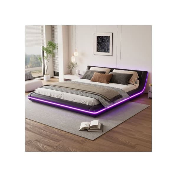 Säng plats 160*200cm, golvsäng, PU, LED-stämningsbelysning, fjärrkontroll 24 knappar, svart