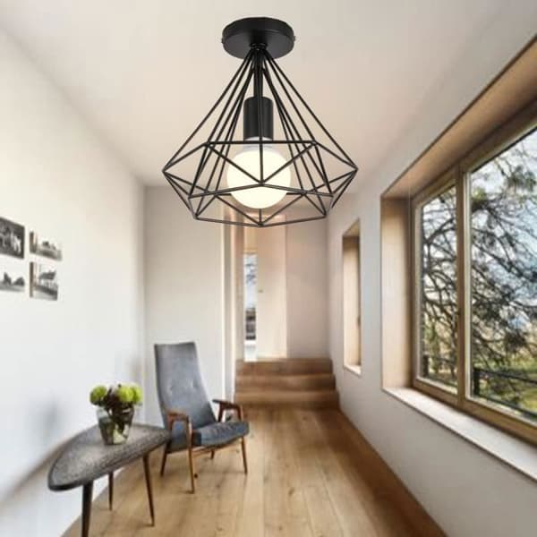 2 Pack Plafondslampa Industriell Diamantformad Järnbur Hängande Belysning för Korridor, Inträde, Uppfart, Veranda, Svart