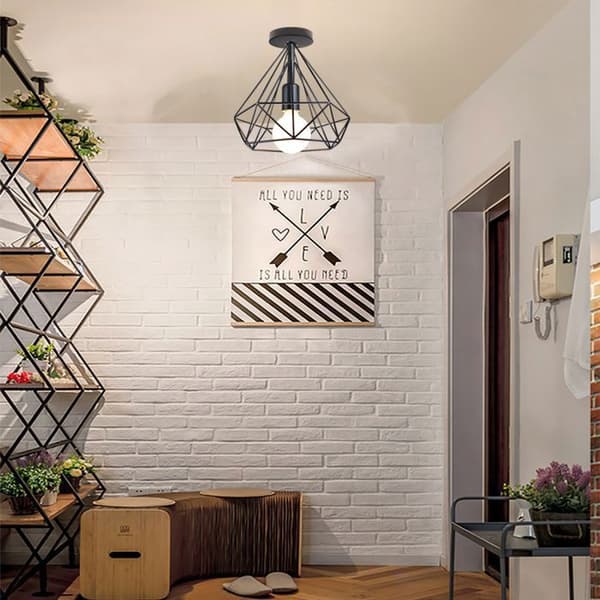 2 Pack Plafondslampa Industriell Diamantformad Järnbur Hängande Belysning för Korridor, Inträde, Uppfart, Veranda, Svart