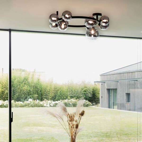 Ideal Lux PERLAGE taklampa globe med 10 lampor, svart, skärm i rökgrå.