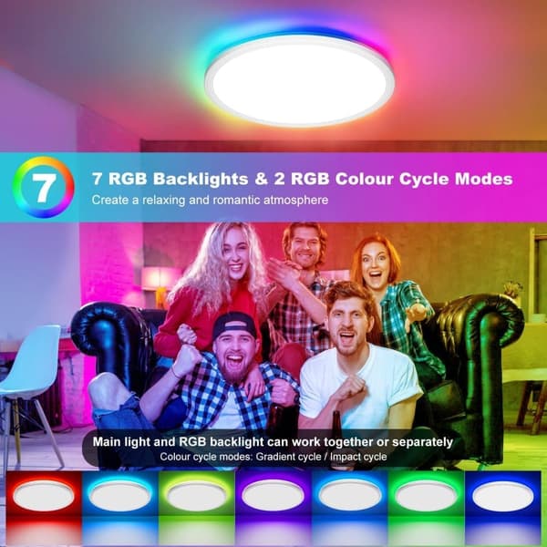 OBOSOE LED loftslampe – dæmpbar 3000K-6500K og RGB-farveskifter | Med fjernbetjening og timer | Ultra-flad Ø30cm til soveværelse, køkken og stue