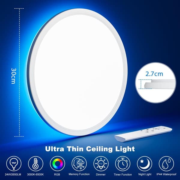 OBOSOE LED Taklampa – Dimmbar 3000K-6500K & RGB-färgbyte | Med Fjärrkontroll & Timer | Ultraplatt Ø30cm för Sovrum, Kök & Vardagsrum