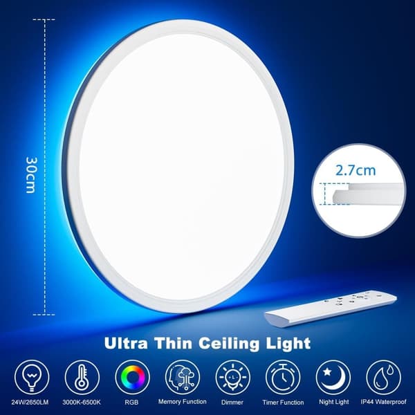 OBOSOE LED loftslampe – dæmpbar 3000K-6500K og RGB-farveskifter | Med fjernbetjening og timer | Ultra-flad Ø30cm til soveværelse, køkken og stue