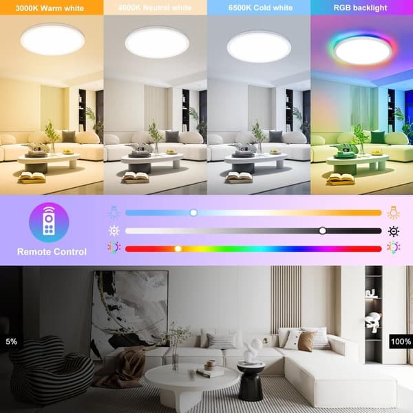 OBOSOE LED Taklampa – Dimmbar 3000K-6500K & RGB-färgbyte | Med Fjärrkontroll & Timer | Ultraplatt Ø30cm för Sovrum, Kök & Vardagsrum