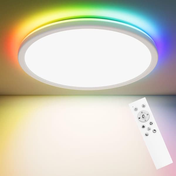OBOSOE LED loftslampe – dæmpbar 3000K-6500K og RGB-farveskifter | Med fjernbetjening og timer | Ultra-flad Ø30cm til soveværelse, køkken og stue