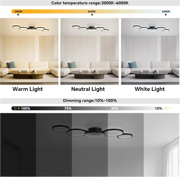 OBOSOE dæmpbar LED loftslampe: Sort rund lampe 50W/6000LM til stue/soveværelse. Justerbar farvetemperatur (3000K-6500K) med fjernbetjening