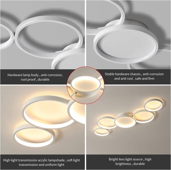 OBOSOE Moderne Forsænket LED Loftslampe - 55W Varm Hvid Loftslampe med 5 Ringe, til stue, Soveværelse, Spisestue, Kontor (Hvid)