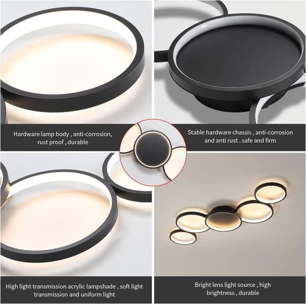 OBOSOE Moderne Forsænket LED Loftslampe - 55W Varm Hvid Loftslampe med 5 Ringe, til Stue, Soveværelse, Spisestue, Kontor (Sort)