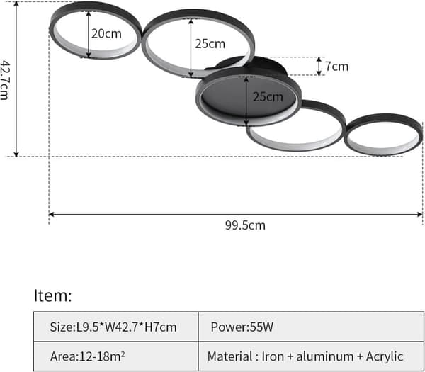 OBOSOE Moderne Forsænket LED Loftslampe - 55W Varm Hvid Loftslampe med 5 Ringe, til Stue, Soveværelse, Spisestue, Kontor (Sort)