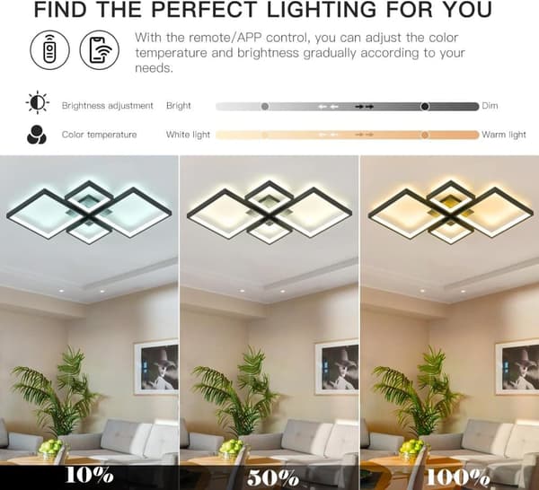 OBOSOE Moderne Dæmpbar Forsænket LED Loftslampe - 37W Rektangulær Loftslampe med Fjernbetjening til Køkken, Soveværelse, Stue (Sort, 73cm)