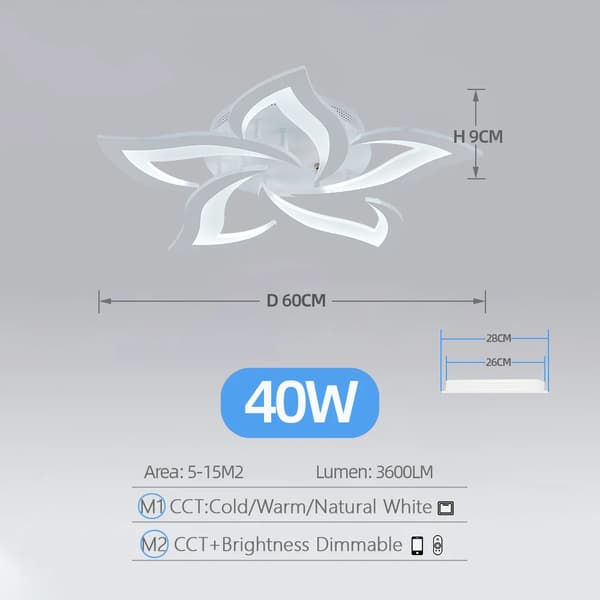 Smart akryl loftlampe, 40W til 170W effekt, dæmpbar for tilpasset lysstyrke,APP med RC Dæmpbar, Hvide 5 Hoveder