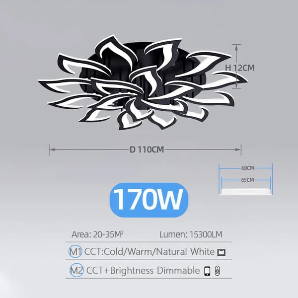 Smart akryl taklampa, 40W till 170W effekt, dimbar för anpassad ljusstyrka,APP med RC dimbar, Svart 18 huvuden