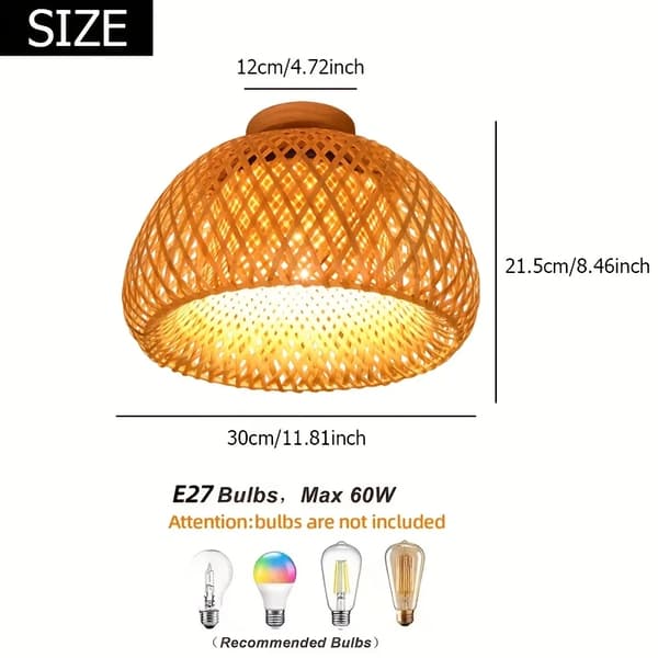 Håndvævet bambus rattan loftlampe, energieffektiv LED-kompatibel, stilfuldt trædesign,30CM, Ingen pære (E27)