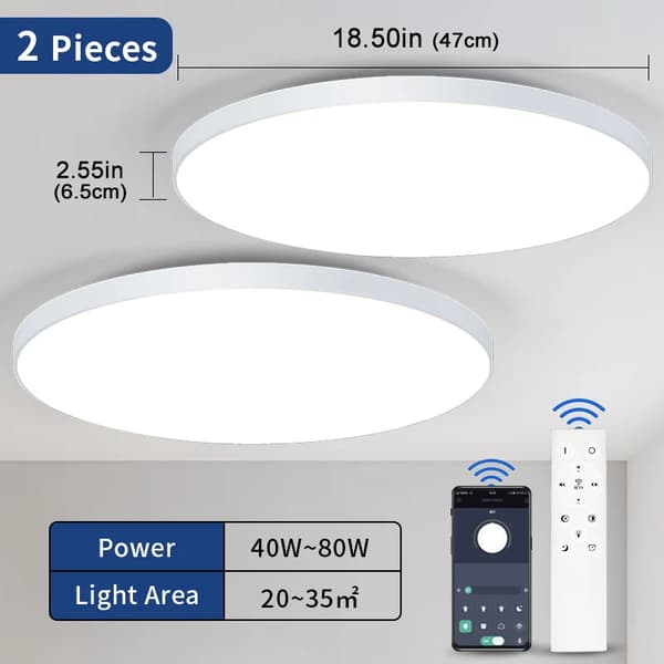 Loftlampe, 80W effekt, dæmpbar, APP- og fjernbetjening,2Stykker-80W-Hvid