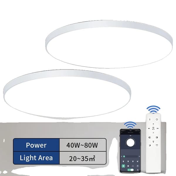 Loftlampe, 80W effekt, dæmpbar, APP- og fjernbetjening,2Stykker-80W-Hvid