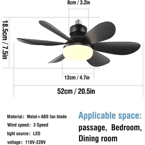 OBOSOE musta kattotuuletin LED-valaistuksella 52 cm himmennettävä tuulettimen lamppu E27 kaukosäädin 4 nopeutta 3 valon väriä