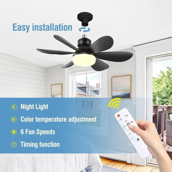 OBOSOE musta kattotuuletin LED-valaistuksella 52 cm himmennettävä tuulettimen lamppu E27 kaukosäädin 4 nopeutta 3 valon väriä
