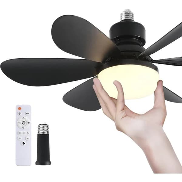 OBOSOE musta kattotuuletin LED-valaistuksella 52 cm himmennettävä tuulettimen lamppu E27 kaukosäädin 4 nopeutta 3 valon väriä