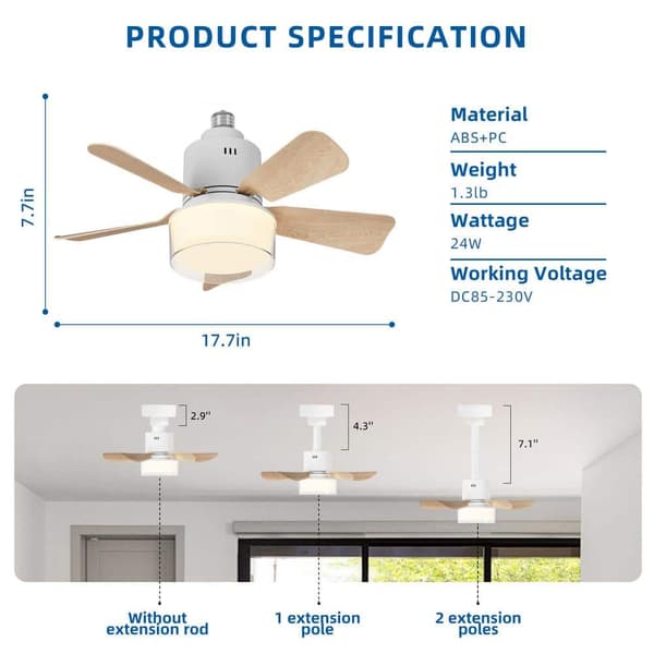 OBOSOE nikkel loftsventilator 45 cm fjernbetjening LED dæmpbar 4 hastigheder 3 lyse farver
