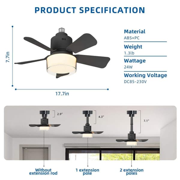 OBOSOE musta kattotuuletin 45 cm kaukosäädin LED himmennettävä 4 nopeutta 3 valoväriä